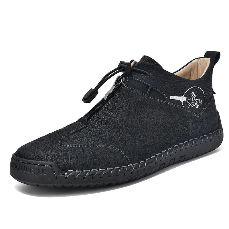 Men's green casual leather shoes with a round pointed toe and a mid-heel for height increase.