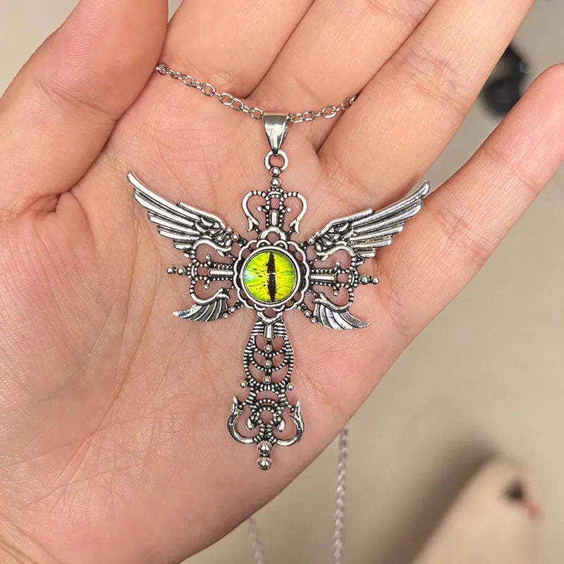 Geometric devil wings and cross alloy pendant necklace on a chain, shown in blue, green, purple, red, and yellow colour options.