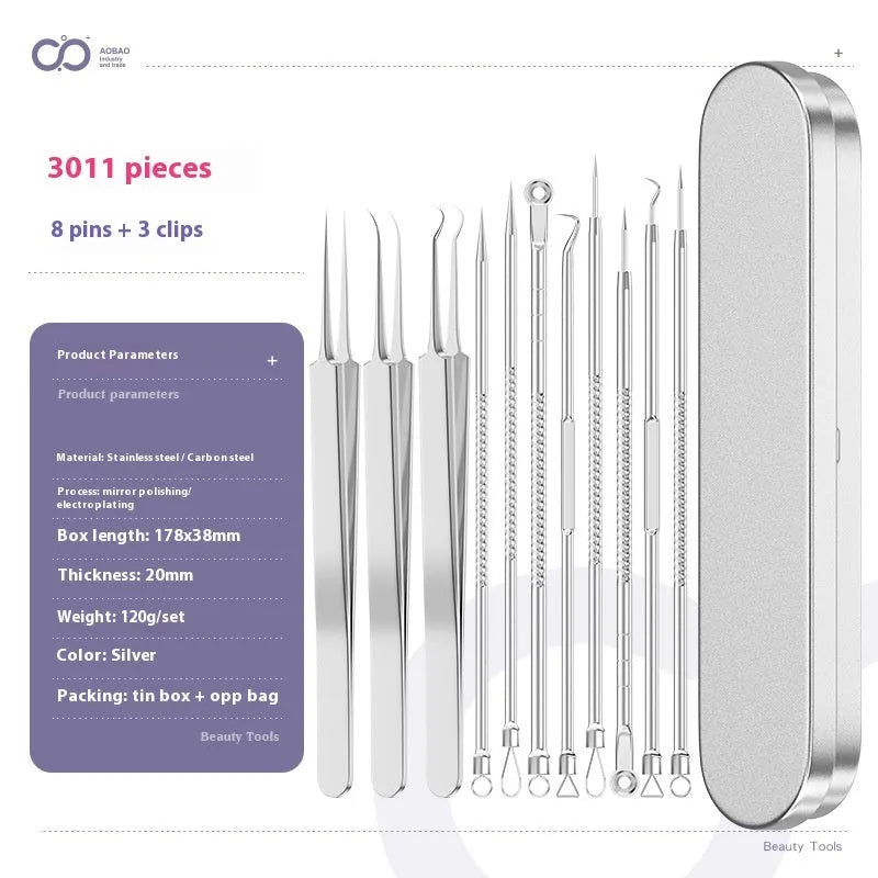 Four silver metal acne needles with pointed tips for skincare extraction.