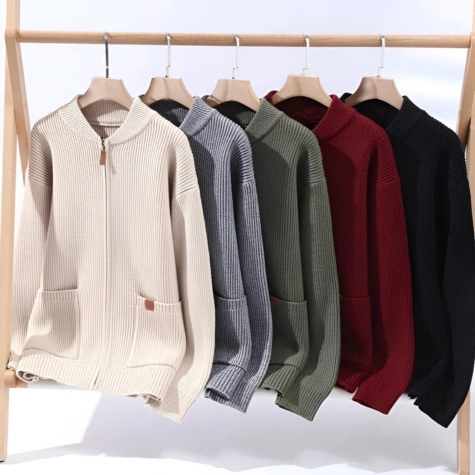 Men's straight cut striped sweater cardigan in a chemical fibre blend fabric, shown in beige colour.