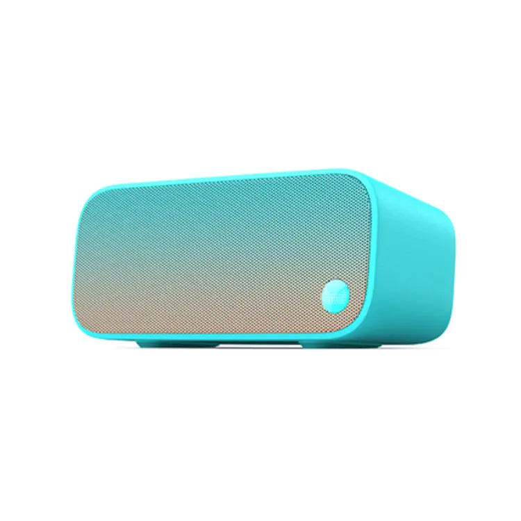 Compact Elf sugar cube AI smart WiFi speaker in blue colour on a wooden shelf