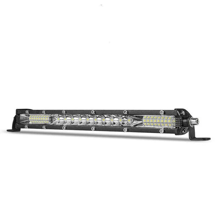Ultra-thin single row white LED light bar for vehicle roof or bumper in three length options.