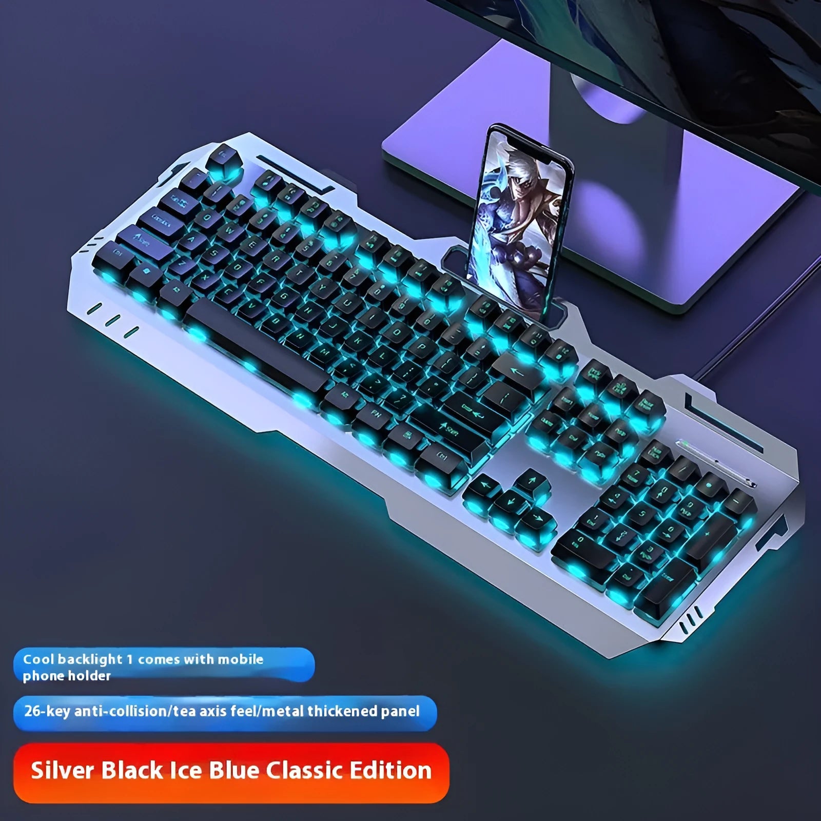 Aluminium mechanical gaming keyboard with a silver black finish and a central control knob.