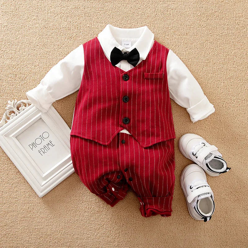 Wine red baby boys long-sleeve romper with single-breasted closure, gentleman style.
