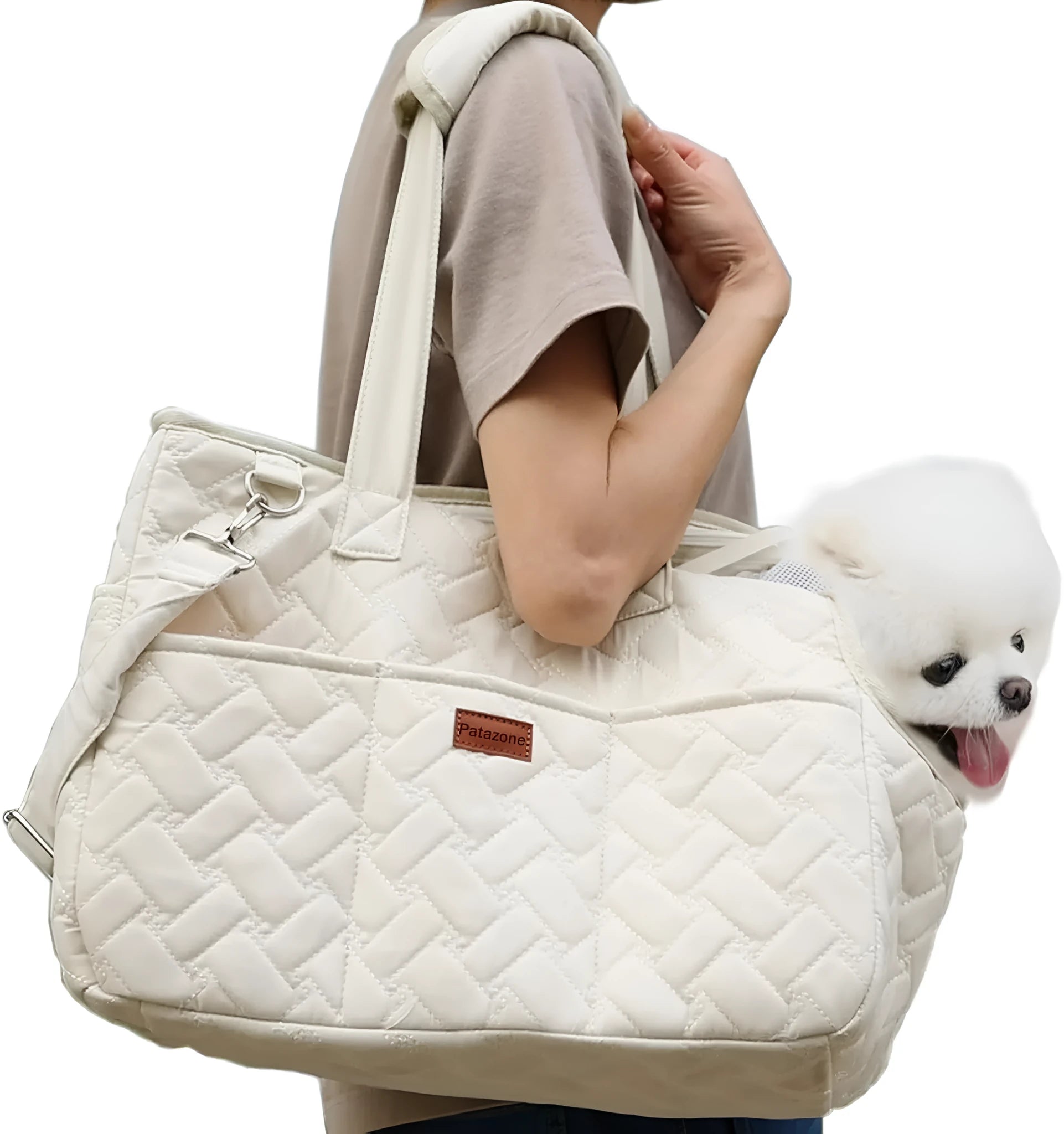 Grey nylon pet carrier handbag with mesh panels and a soft interior for a cat or small dog.