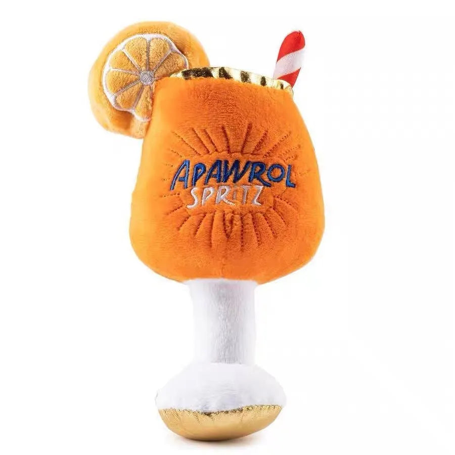 Yellow plush beer bottle dog squeaky toy measuring 7cm with interactive squeaker