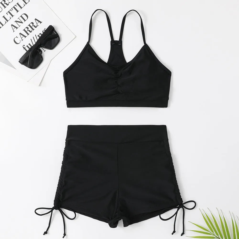 Women's purple high waist split swimsuit with bikini top and shorts
