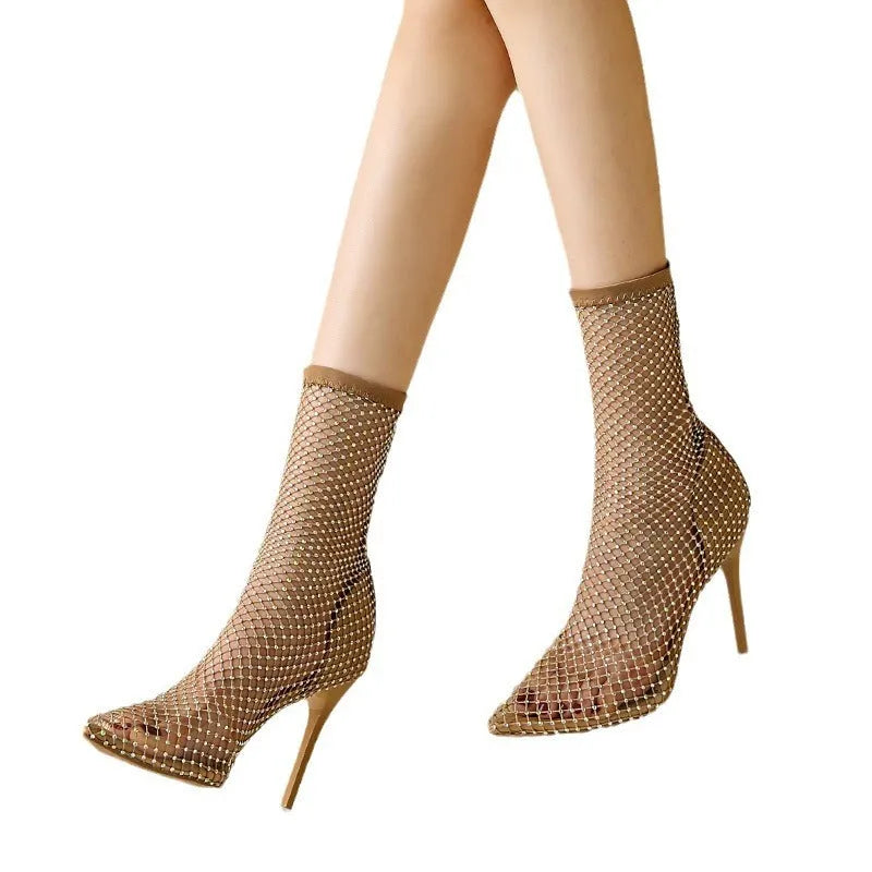 Gold women's pointed toe stiletto high heel sandals with mesh upper and oversleeve design
