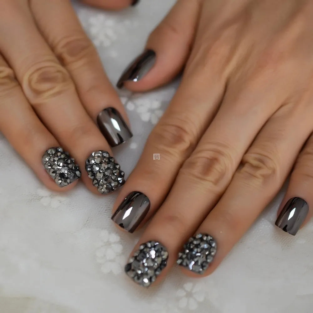 Metal false nails for women square short medium length colour L5015 with metallic finish