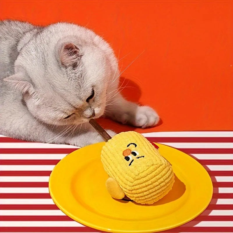 Natural polii wood corn cob shaped cat chew toy infused with catnip for dental care.