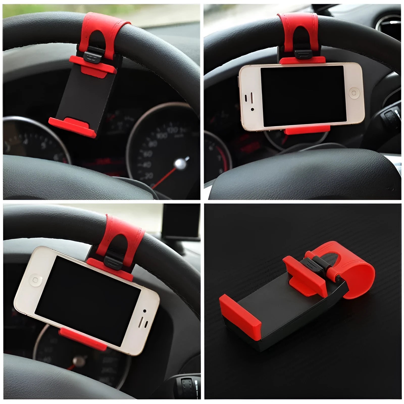 Black car steering wheel clip mount holder with phone attached showing adjustable gooseneck arm