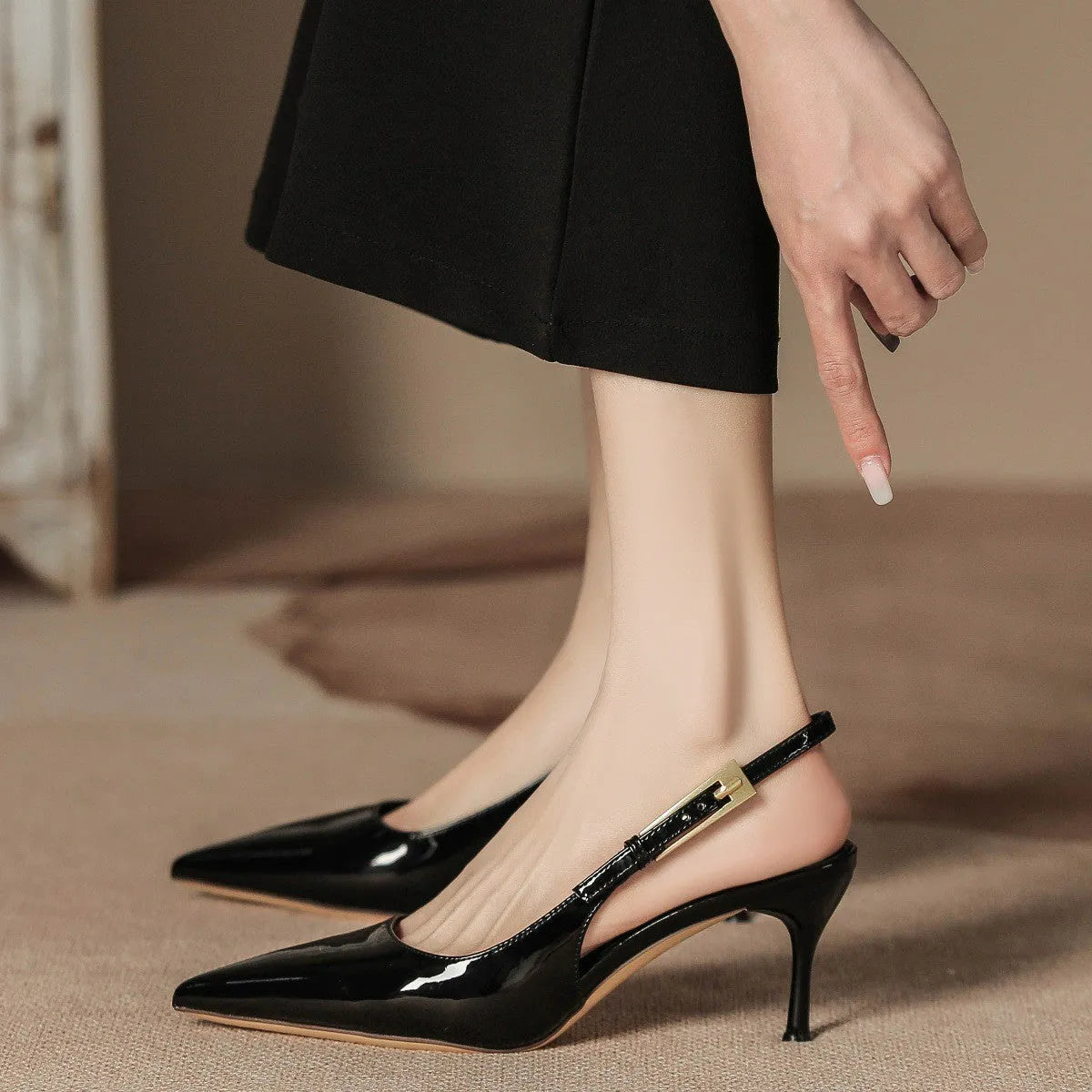 Women's stiletto heel pointed toe closed toe strap sandals in artificial pu, black colour