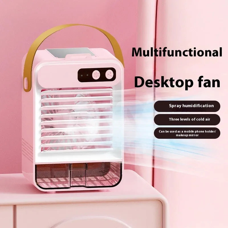 Dark green portable desktop fan with USB port and induction control on a wooden desk.