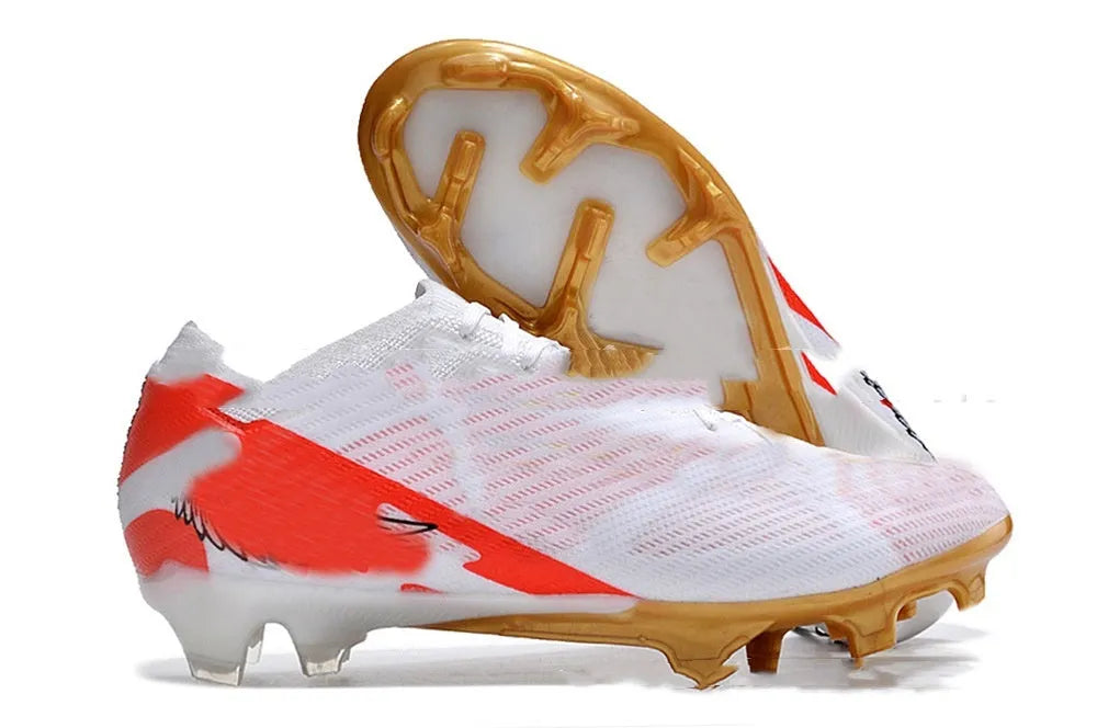 Men's low-top football shoes with knitted upper, lace-up front, and rubber sole with FG studs.