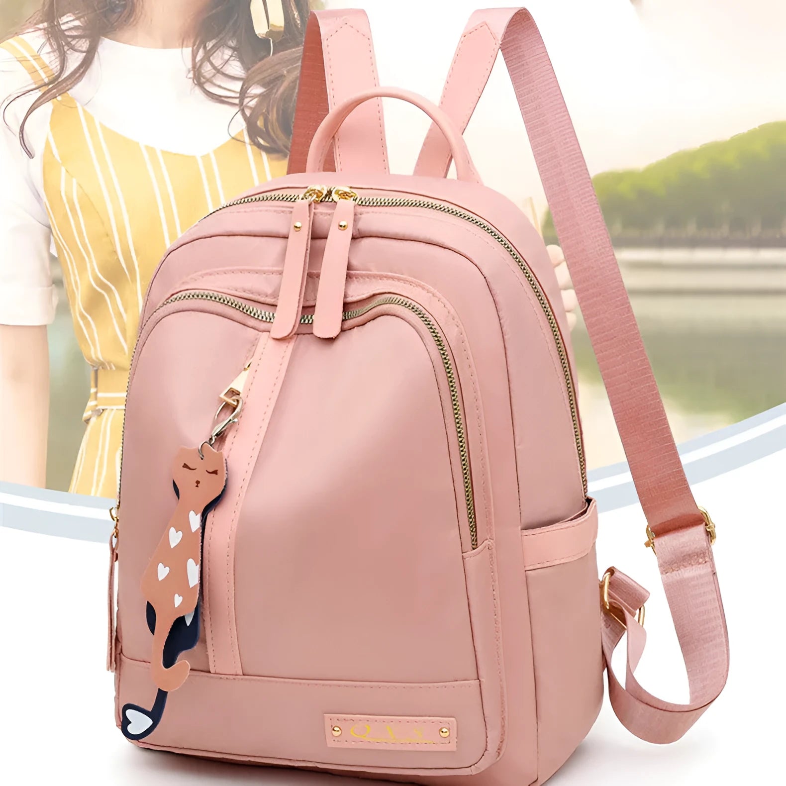 Black and pink casual nylon backpack with double straps, soft handle, and square vertical shape