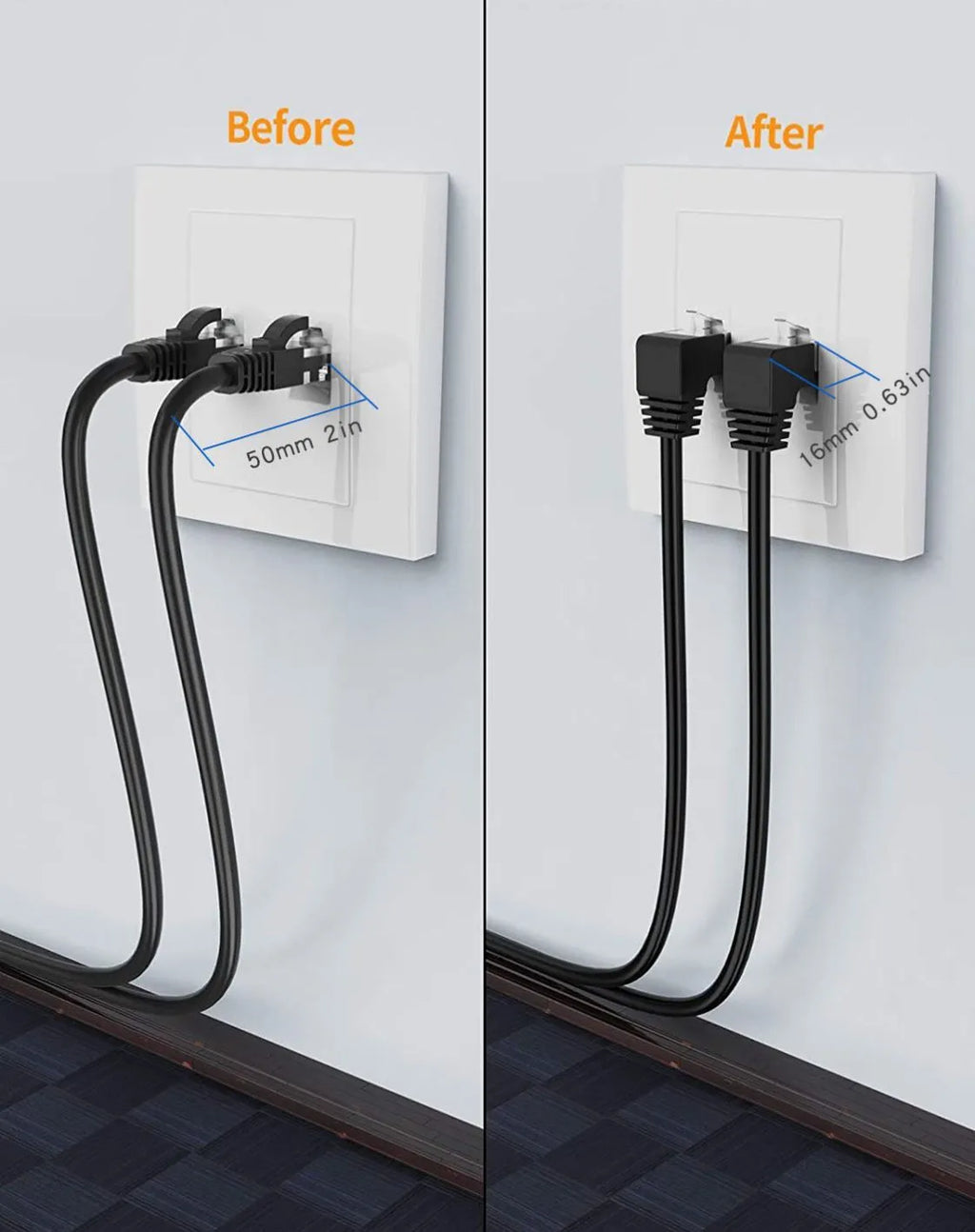 Black Cat6 Ethernet cable with a right-angled metal RJ45 connector shown next to a router.