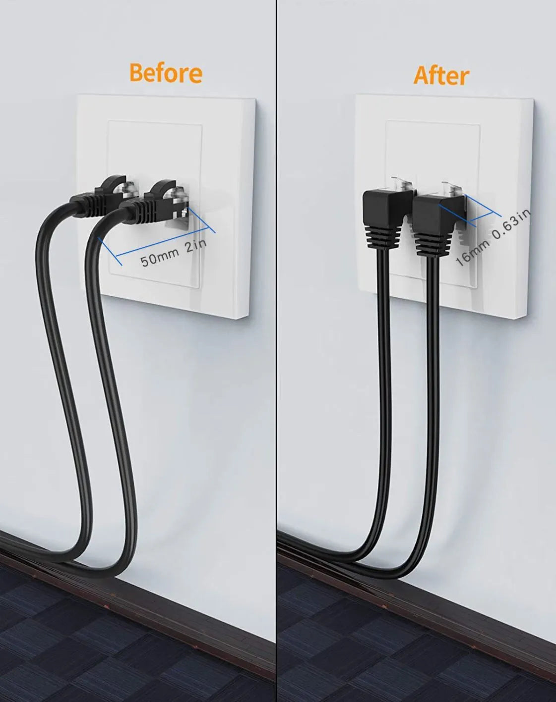 Black Cat6 Ethernet cable with a right-angled metal RJ45 connector shown next to a router.