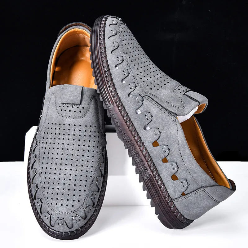 Men's brown leather slip-on casual shoes with round toe and flat PVC sole
