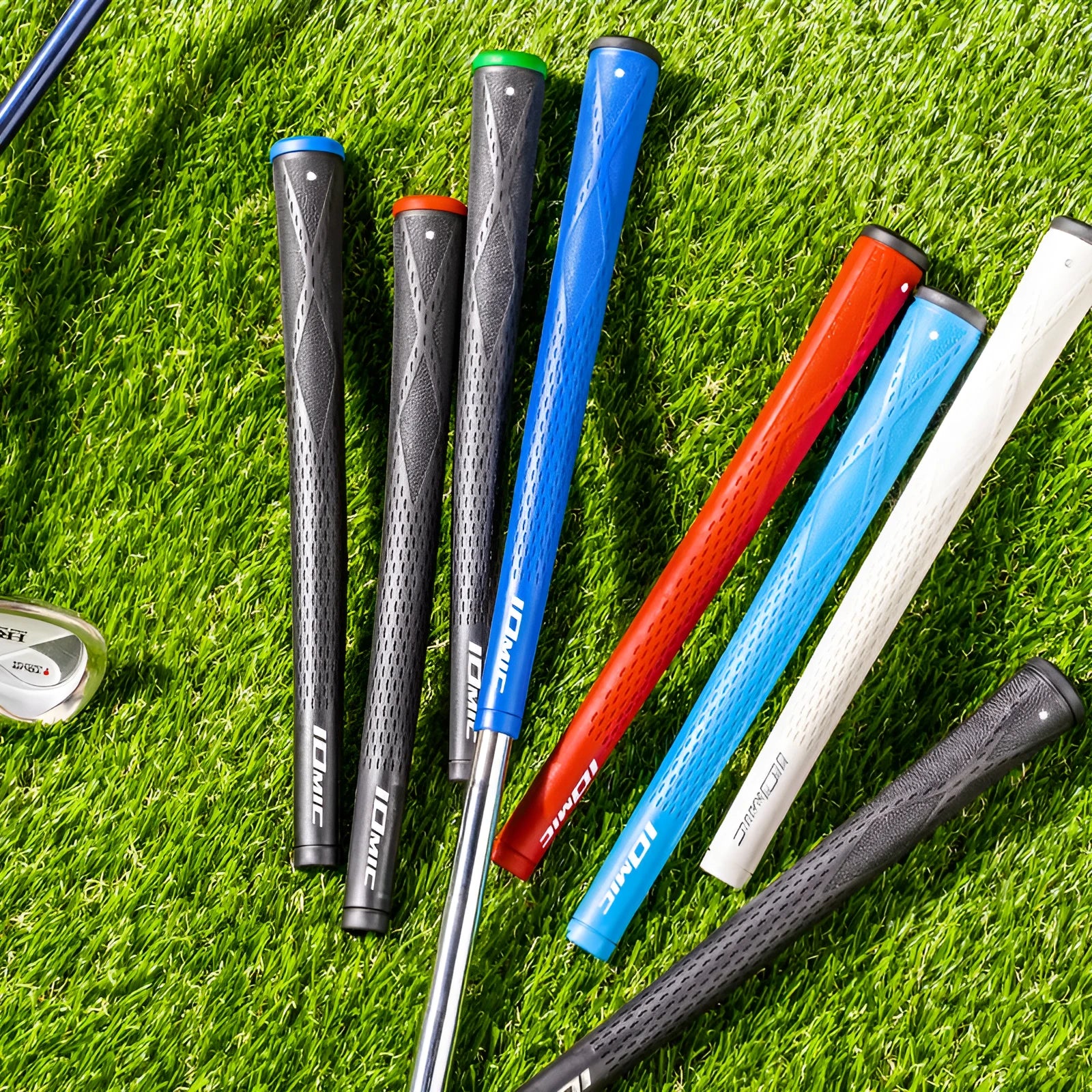 TPE material golf club grip showing colour options including solid colours and black with red, green, or blue accent heads