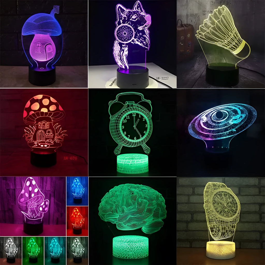 Remote control 3D LED desk lamp with colourful acrylic design and USB power cable