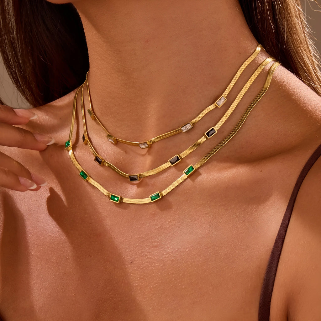 Geometric square zircon stainless steel necklace with flat snake chain in gold or steel colour