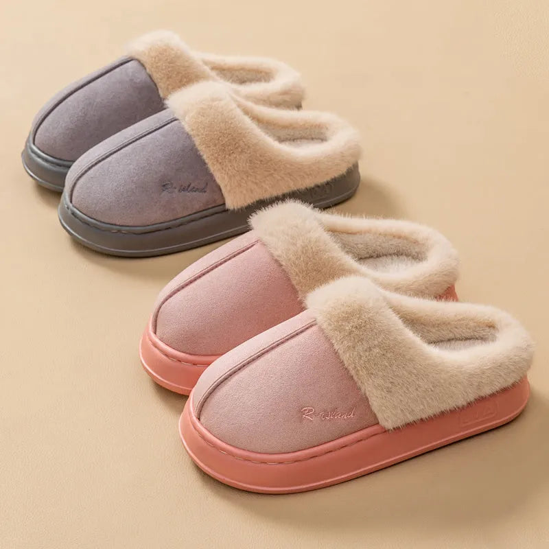 Fluffy winter slippers in gray with non-slip PVC sole, suitable for indoor home wear by men and women