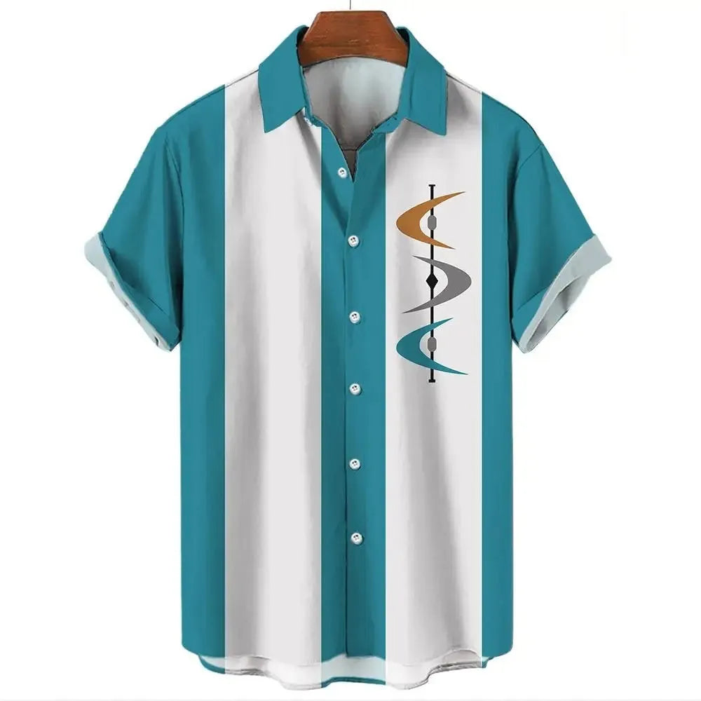 Man wearing a striped short-sleeve Hawaiian shirt made from elastic polyester fabric.