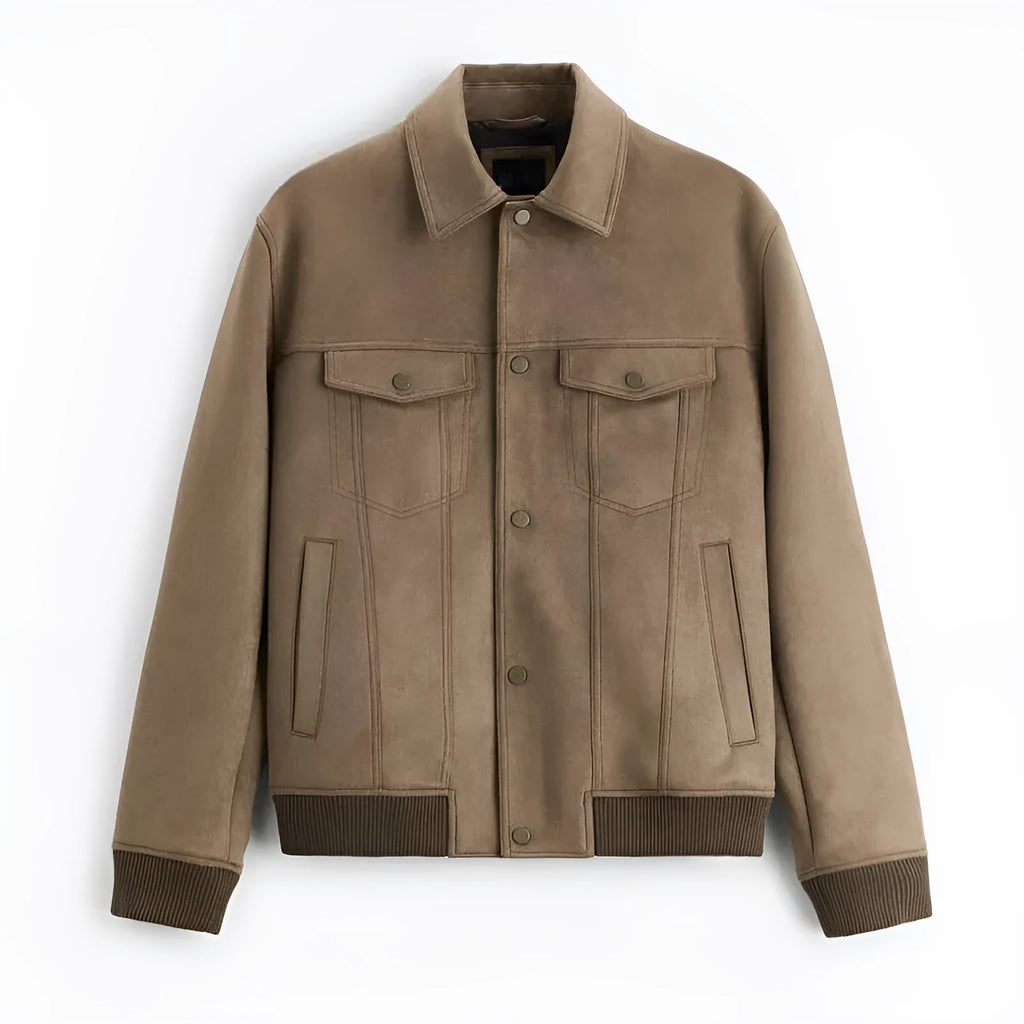 British-style suede velvet jacket coat in mink colour with long sleeves and structured cut