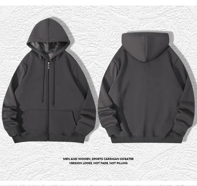 Men's heavyweight beige zip-up hooded cardigan with top-stitch pockets on a mannequin, plus size fit.