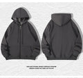 Men's heavyweight beige zip-up hooded cardigan with top-stitch pockets on a mannequin, plus size fit.