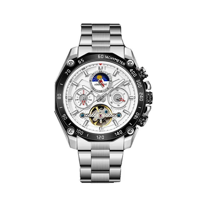 Automatic mechanical mens watch with silver stainless steel case and black dial
