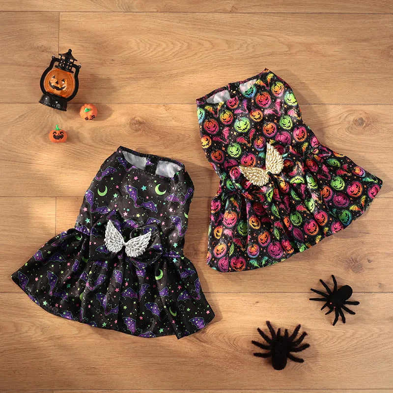 Halloween dog costume with angel wings in bright pumpkin orange or bat pattern colours