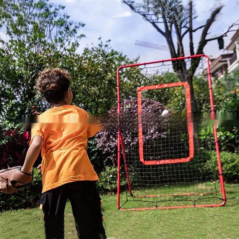 Red portable baseball training net with metal frame, adjustable 4x6FT size