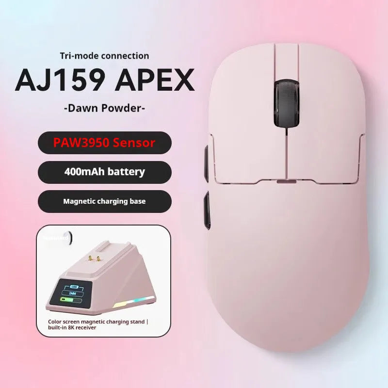 AJ159 gaming mouse in yunfeng white on a desk, showing compact size and Teflon foot pads