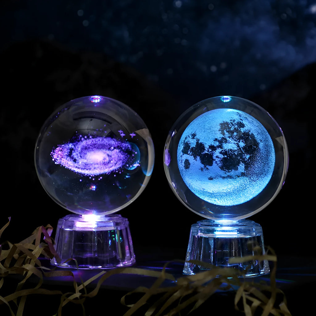 White crystal ball ornament with inner carving on fixed base for tabletop display