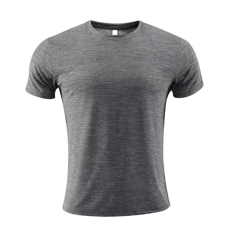 Short sleeve red sports t-shirt made from polyester spandex fabric for running and exercise.