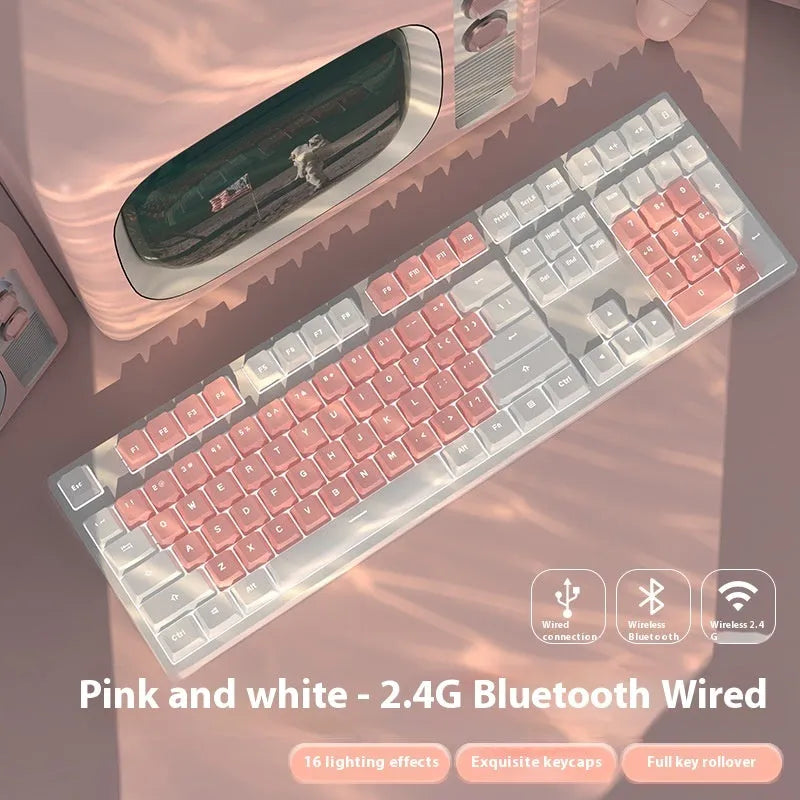 Triple-mode mechanical keyboard in various colour options showing 87-key and 108-key layouts