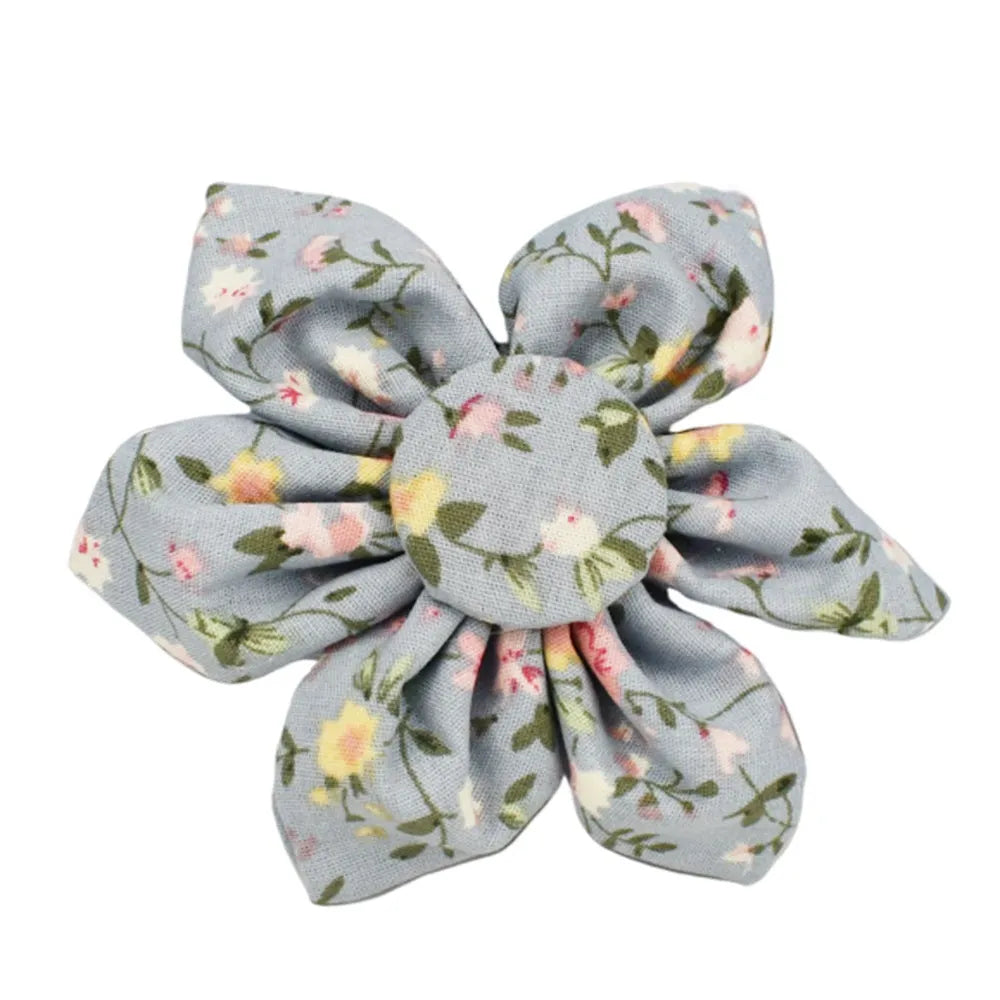 Blue floral polyester cotton dog collar set with matching leash, bow tie and vest accessories