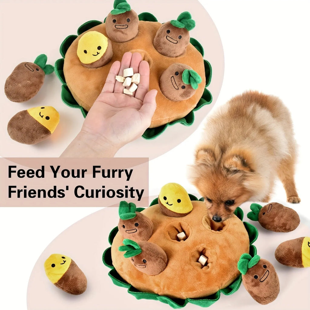 Yellow interactive dog puzzle toy with removable squeaky plush components and polyester slow feeder pad