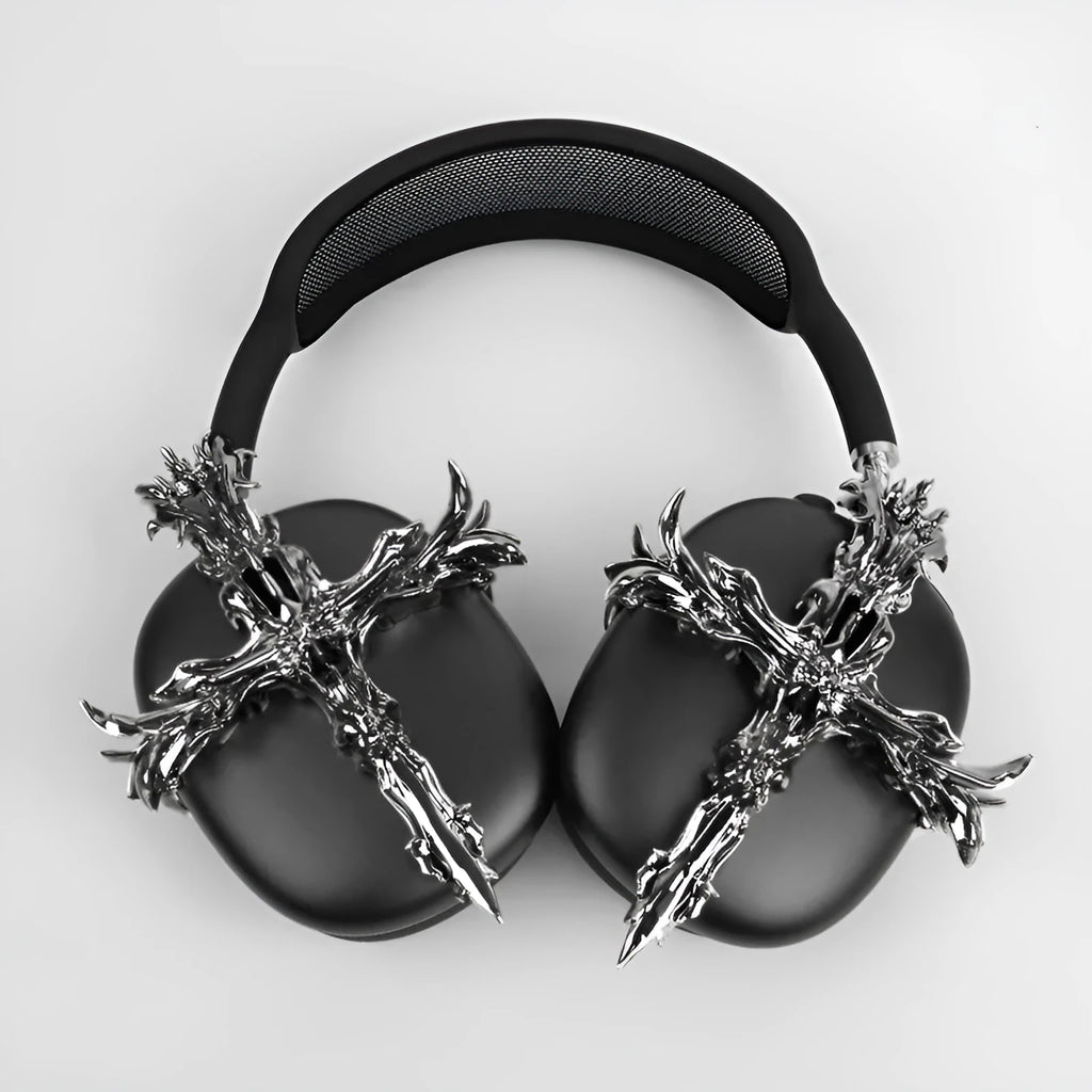 Gothic cross design resin headphone covers for Apple AirPods Max in silver and gun colour options