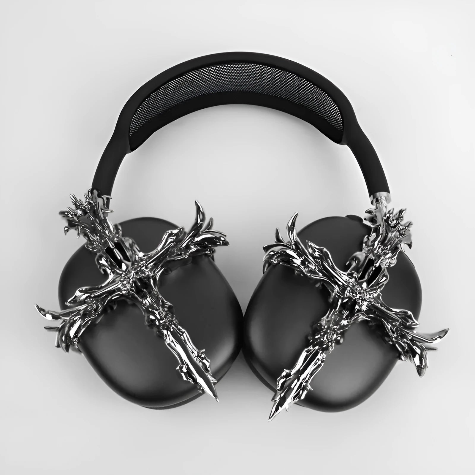 Gothic cross design resin headphone covers for Apple AirPods Max in silver and gun colour options