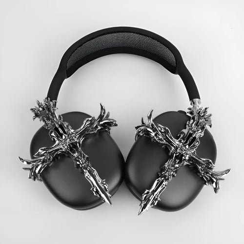 Gothic cross design resin headphone covers for Apple AirPods Max in silver and gun colour options