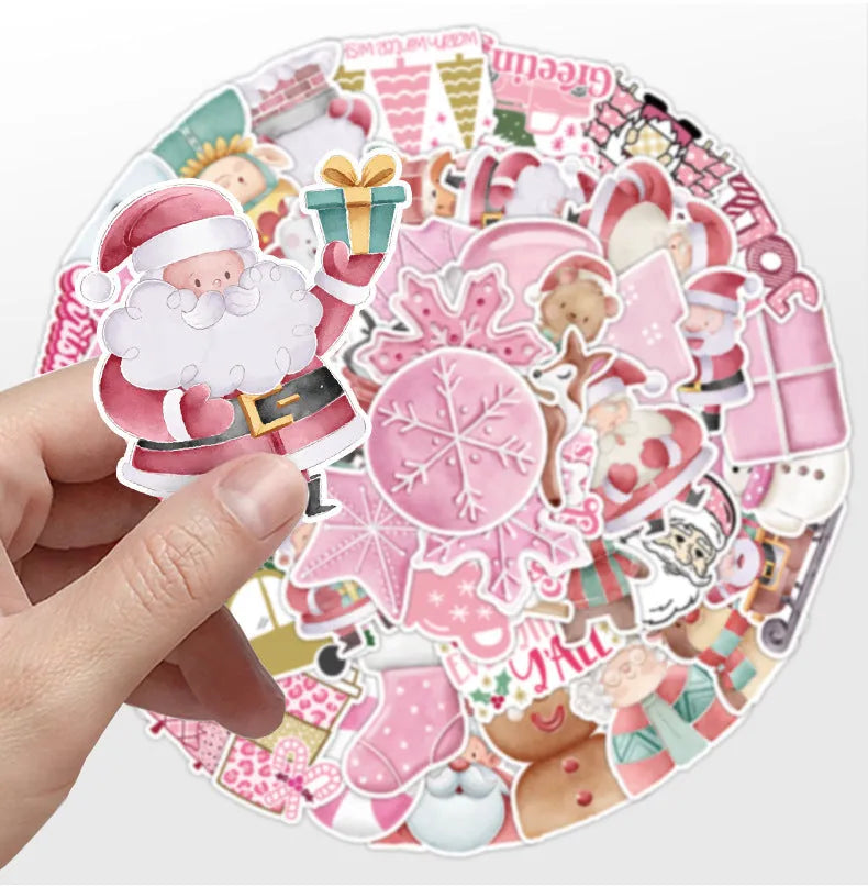 Pack of 50 cute Christmas themed waterproof stickers in sizes from 4cm to 8cm.