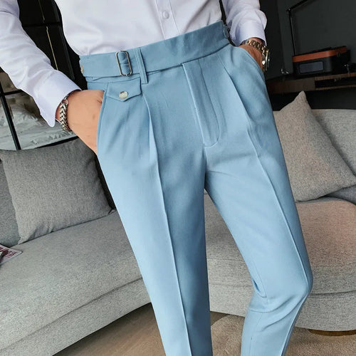 Straight-leg casual trousers in solid colour on hanger showing waistband and leg detail