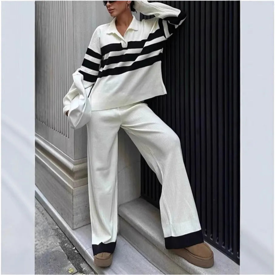 Women's black and white striped knitted polo collar two-piece set with long sleeve top and trousers