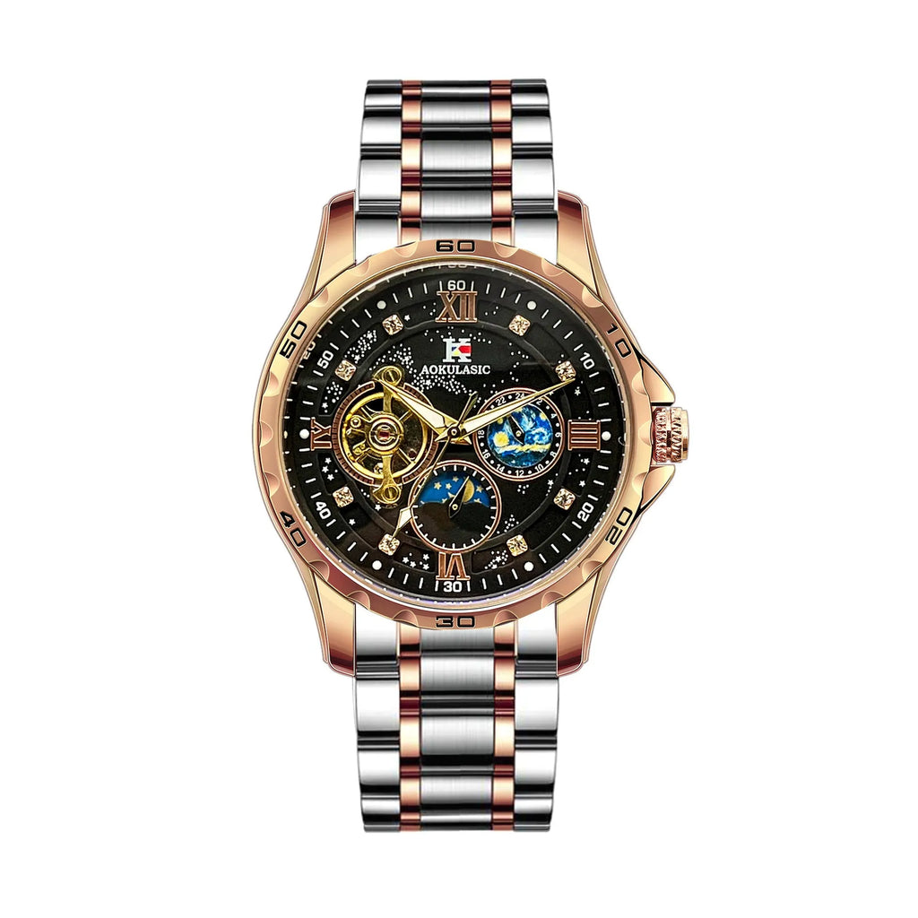 Men's rose gold shell black surface automatic mechanical watch with large dial on wrist