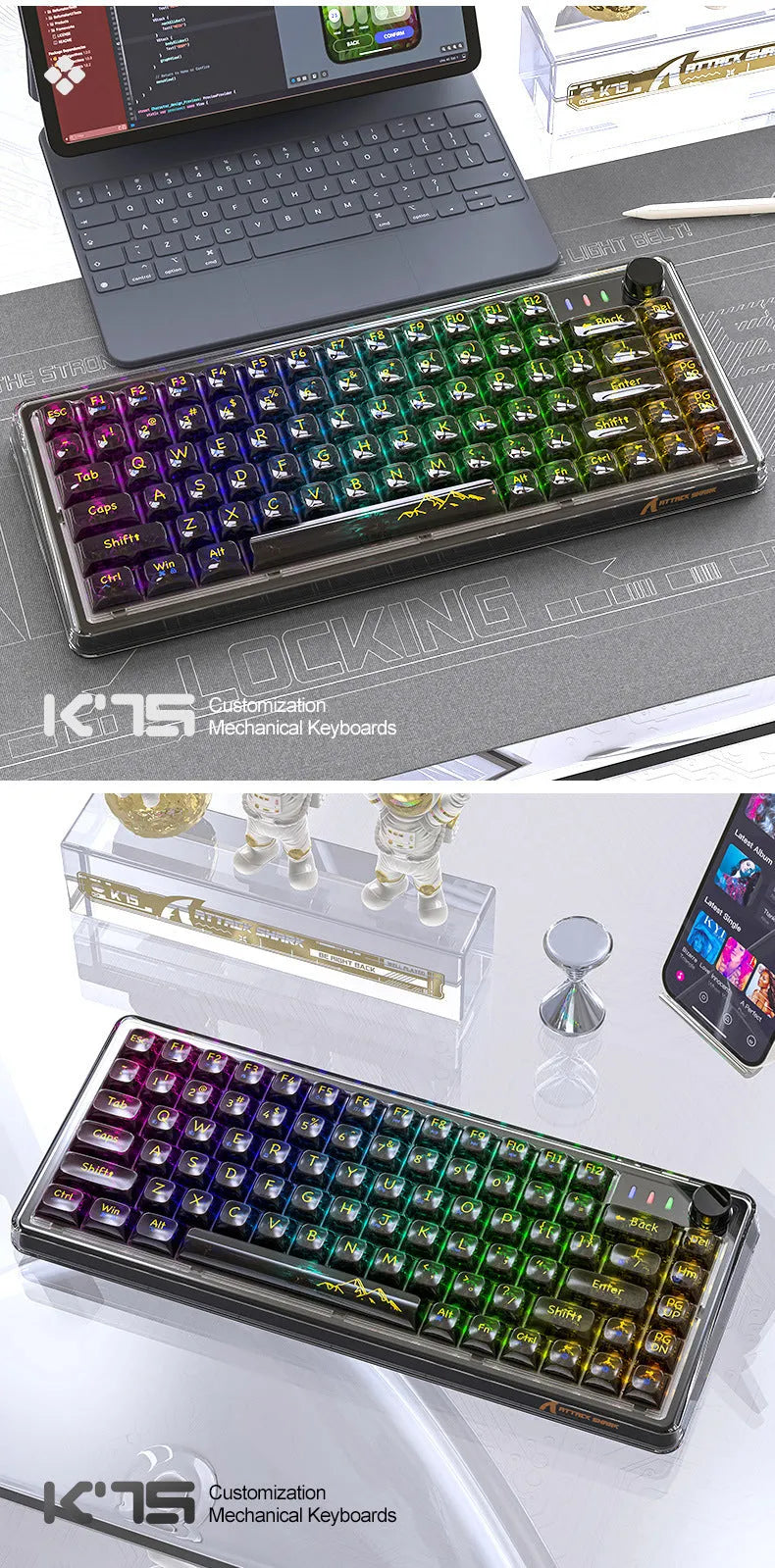 Attack Shark K75 RGB wireless mechanical keyboard with transparent black case, illuminated keys, and included accessories.