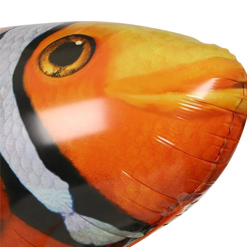 Large remote control Shark inflatable balloon toy flying indoors with side-swaying tail.