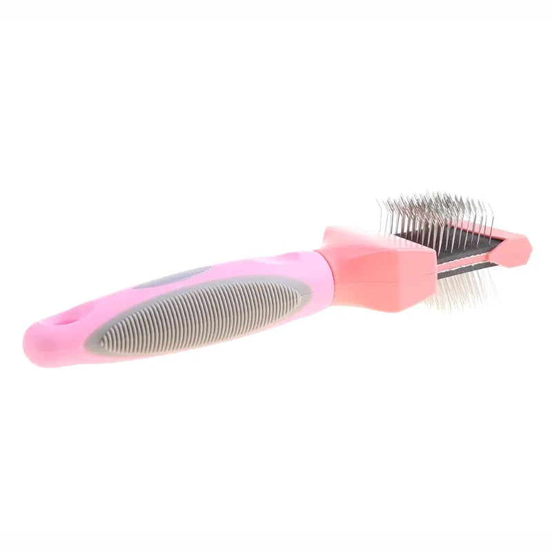 Double-sided stainless steel pet brush with blue handle showing both flexible and firm pin sides