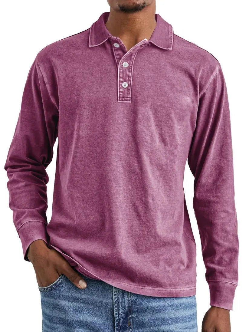 Retro washed distressed cotton lapel polo shirt in long sleeve design on mannequin